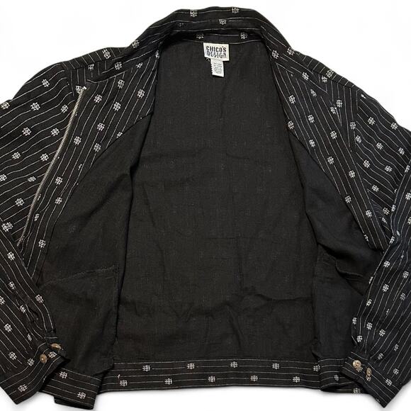 Vintage 90s Chico’s Design Linen Blend Jacket Sz L / 2 Black White Boho Full Zip - Picture 11 of 11
